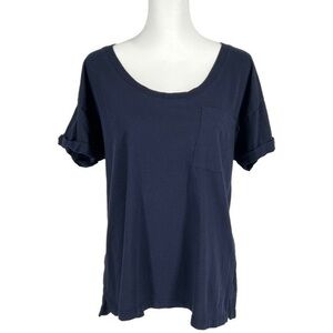 Lou & Gray Women’s Pocket Tee Deep Scoop Neck Cuffed Short Sleeves Navy Small